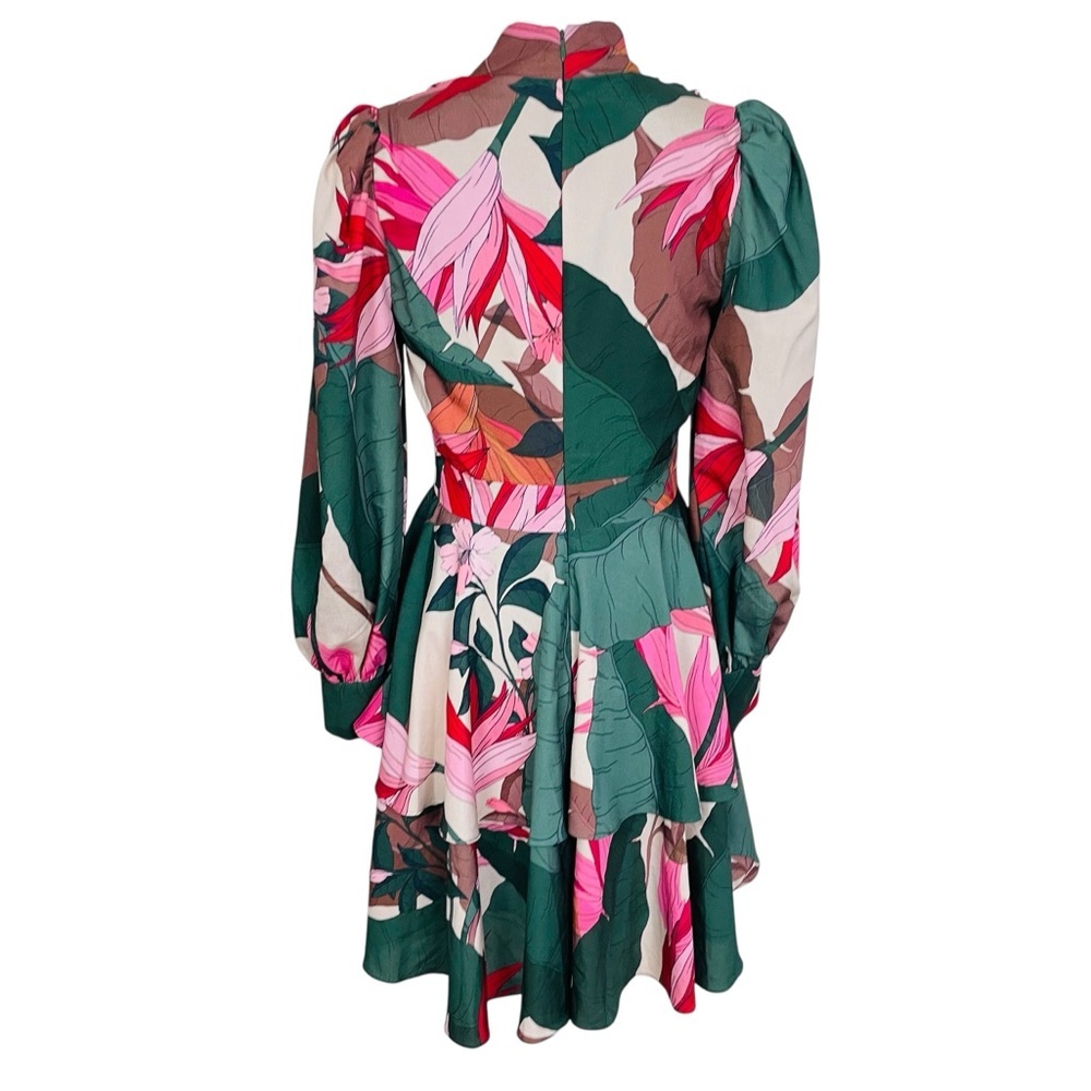 One 33 Social Green Tropical Floral Blouson-Sleeve Tiered Dress 6 - Picture 4 of 11